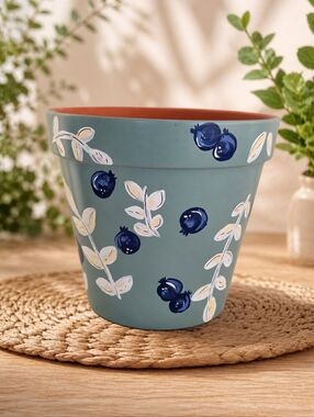 Hand-Painted Terracotta Planter 6” Blueberry Floral Pot | Signed